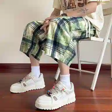 顶峰保罗 扎染格子迷彩七分裤子冰丝薄款运动时尚百搭设计感无性别主义直筒过膝加肥加大码休闲短裤 男女同款