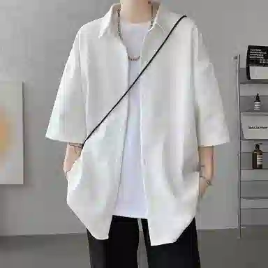 顶峰保罗 无性别主义痞帅潮牌薄款凉感亲肤透气宽松半袖休闲衬衣时尚百搭外套高级感短袖衬衫 男女同款