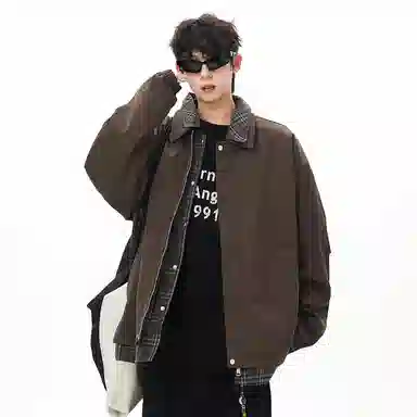 顶峰保罗 美式假两件格纹拼接翻领长袖外套无性别主义休闲复古潮牌宽松大码上衣简约百搭显高显瘦夹克 男女同款