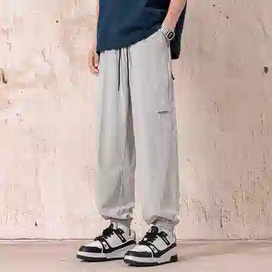 顶峰保罗 冰丝网孔潮牌薄款垂感无性别主义束脚长裤时尚百搭设计感直筒宽松运动抽绳大码休闲裤 男女同款