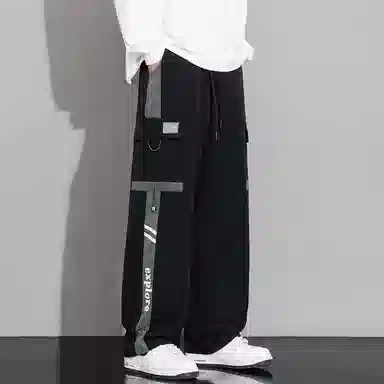 顶峰保罗 美式潮牌条纹拼接工装大口袋伞兵裤无性别主义宽松加肥加大直筒运动长裤简约百搭弹力抽绳显高显瘦高街阔腿垂感休闲裤 男女同款