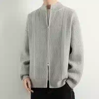 顶峰保罗 日系慵懒风潮牌立领双拉链开衫外套高街百搭无性别主义宽松大码休闲运动纯色上衣显高显瘦轻熟风毛衣 男女同款