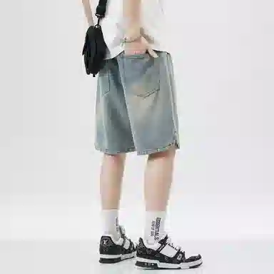 顶峰保罗 星空纹水洗撞色直筒五分裤美式复古薄款潮牌宽松舒适小众百搭休闲阔腿牛仔短裤 男女同款