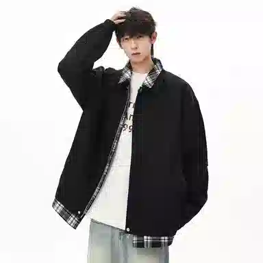 顶峰保罗 美式假两件格纹拼接翻领长袖外套无性别主义休闲复古潮牌宽松大码上衣简约百搭显高显瘦夹克 男女同款