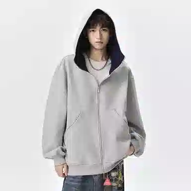 顶峰保罗 美式重磅连帽开衫双头拉链外套无性别主义休闲潮牌高街百搭上衣简约时尚纯色痞帅慵懒风长袖卫衣 男女同款