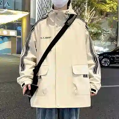 顶峰保罗 美式条纹拼接撞色拉链休闲工装长袖连帽上衣无性别主义直筒宽松加肥加大简约百搭潮牌高街夹克外套 男女同款