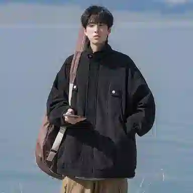 顶峰保罗 美式复古直筒工装无性别主义潮牌痞帅翻领上衣外套休闲百搭简约时尚纯色宽松长袖夹克 男女同款