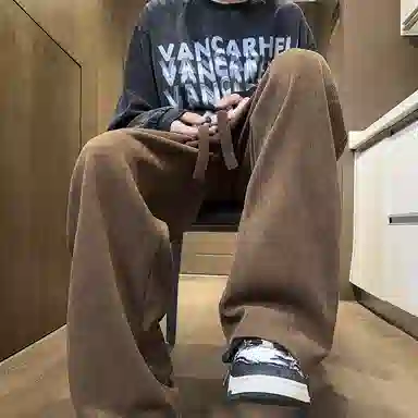 顶峰保罗 美式复古宽松直筒阔腿加绒加厚卫裤无性别主义运动卫衣纯色情侣款潮流百搭亲肤舒适休闲裤 男女同款