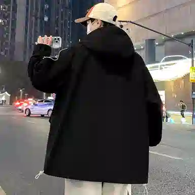 顶峰保罗 美式条纹拼接撞色拉链休闲工装长袖连帽上衣无性别主义直筒宽松加肥加大简约百搭潮牌高街夹克外套 男女同款