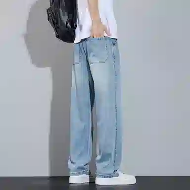 顶峰保罗 莱赛尔凉感透气水洗直筒长裤美式复古高街宽松小众百搭高级感薄款透气阔腿牛仔裤 男女同款