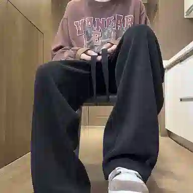 顶峰保罗 美式复古宽松直筒阔腿加绒加厚卫裤无性别主义运动卫衣纯色情侣款潮流百搭亲肤舒适休闲裤 男女同款