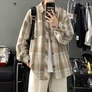 顶峰保罗 美式复古撞色格子宽松休闲衬衣外套春秋穿搭情侣款通勤潮流百搭高级感翻领衬衫 男女同款