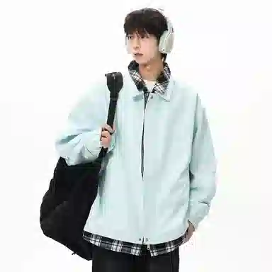 顶峰保罗 美式假两件格纹拼接翻领长袖外套无性别主义休闲复古潮牌宽松大码上衣简约百搭显高显瘦夹克 男女同款