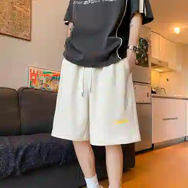 顶峰保罗 纯色简约百搭字母印花直筒五分裤美式复古潮牌宽松小众高街痞帅舒适休闲短裤 男女同款