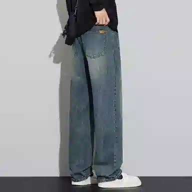 顶峰保罗 美式潮牌直筒阔腿无性别主义休闲复古高街水洗做旧运动长裤弹力显高显瘦宽松大码简约百搭加绒加厚垂感牛仔裤 男女同款