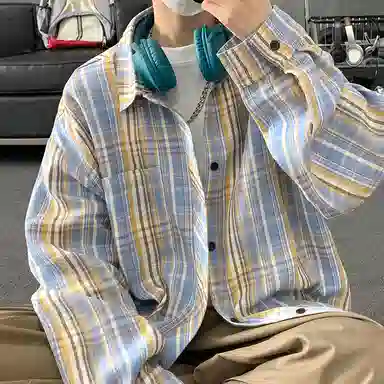 顶峰保罗 美式复古撞色格子宽松休闲衬衣外套春秋穿搭情侣款通勤潮流百搭高级感翻领衬衫 男女同款