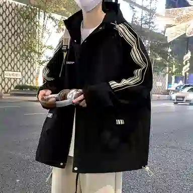 顶峰保罗 美式条纹拼接撞色拉链休闲工装长袖连帽上衣无性别主义直筒宽松加肥加大简约百搭潮牌高街夹克外套 男女同款