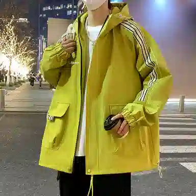 顶峰保罗 美式条纹拼接撞色拉链休闲工装长袖连帽上衣无性别主义直筒宽松加肥加大简约百搭潮牌高街夹克外套 男女同款