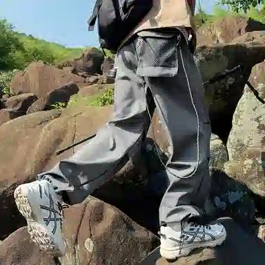 顶峰保罗 美式高街防风防水软壳机能风直筒裤无性别主义户外登山骑行山系伞兵工装褶皱运动阔腿长裤显高显瘦宽松百搭垂感休闲裤 男女同款