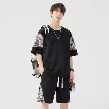 顶峰保罗 冰丝薄款圆领刺绣拼接短袖舒适潮流短裤一整套搭配无性别主义松紧腰弹力凉感透气百搭宽松时尚健身跑步速干休闲运动套装 男女同款