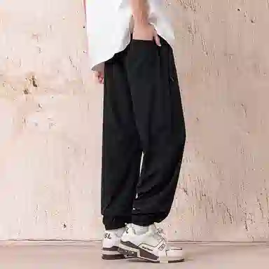 顶峰保罗 冰丝网孔潮牌薄款垂感无性别主义束脚长裤时尚百搭设计感直筒宽松运动抽绳大码休闲裤 男女同款