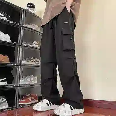 顶峰保罗 冰丝速干褶皱工装无性别主义长裤松紧腰弹力显高显瘦宽松大码透气百搭简约大口袋休闲裤 男女同款