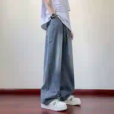 顶峰保罗 撞色抽绳凉感透气美式弯刀直筒长裤复古潮流情侣薄款宽松休闲小众百搭大码阔腿牛仔裤 男女同款