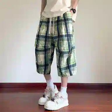 顶峰保罗 扎染格子迷彩七分裤子冰丝薄款运动时尚百搭设计感无性别主义直筒过膝加肥加大码休闲短裤 男女同款