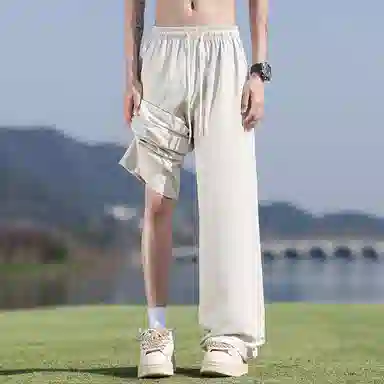 顶峰保罗 冰丝网眼透气纯色薄款无性别主义垂感阔腿长裤弹力户外健身运动百搭抽绳显高直筒宽松休闲裤 男女同款