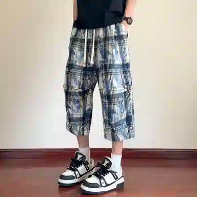 顶峰保罗 扎染格子迷彩七分裤子冰丝薄款运动时尚百搭设计感无性别主义直筒过膝加肥加大码休闲短裤 男女同款