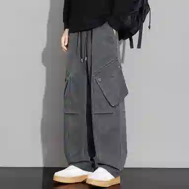 顶峰保罗 山系机能户外登山骑行攀岩褶皱工装伞兵裤无性别主义潮牌宽松直筒阔腿裤高街痞帅百搭弹力抽绳显高显瘦拖地垂感休闲裤 男女同款
