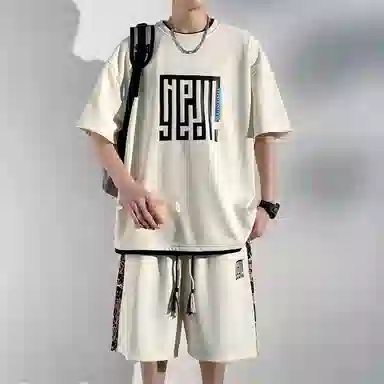 顶峰保罗 新中式国潮冰丝健身篮球圆领短袖短裤一整套无性别主义弹力松紧腰显高宽松加肥加大舒适百搭休闲运动套装 男女同款