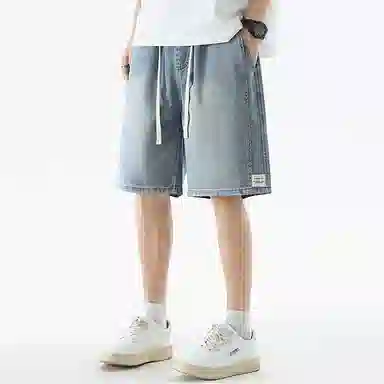 顶峰保罗 无性别主义潮牌宽松水洗做旧中裤美式高街直筒五分裤潮流时尚百搭运动系带高级感牛仔短裤 男女同款