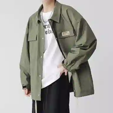 顶峰保罗 美式纯色翻领上衣无性别主义宽松休闲痞帅百搭潮牌衬衫式外套夹克 男女同款