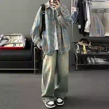 顶峰保罗 美式复古撞色格子宽松休闲衬衣外套春秋穿搭情侣款通勤潮流百搭高级感翻领衬衫 男女同款