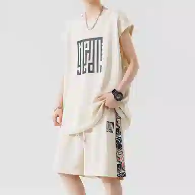 顶峰保罗 新中式印花背心短裤搭配一套宽松潮流时尚休闲运动套装 男女同款