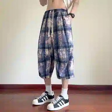 顶峰保罗 扎染格子迷彩七分裤子冰丝薄款运动时尚百搭设计感无性别主义直筒过膝加肥加大码休闲短裤 男女同款