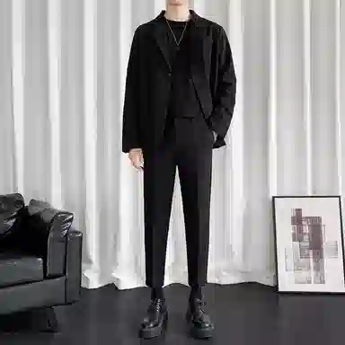 顶峰保罗 冰丝纯色通勤极简风西服外套内搭九分裤一整套宽松大码百搭简约时尚垂感英伦休闲西装套装 男女同款