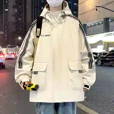 顶峰保罗 美式条纹拼接撞色拉链休闲工装长袖连帽上衣无性别主义直筒宽松加肥加大简约百搭潮牌高街夹克外套 男女同款