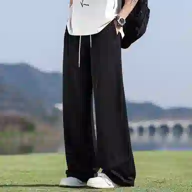 顶峰保罗 冰丝网眼透气纯色薄款无性别主义垂感阔腿长裤弹力户外健身运动百搭抽绳显高直筒宽松休闲裤 男女同款