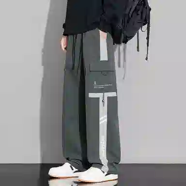 顶峰保罗 美式潮牌条纹拼接工装大口袋伞兵裤无性别主义宽松加肥加大直筒运动长裤简约百搭弹力抽绳显高显瘦高街阔腿垂感休闲裤 男女同款