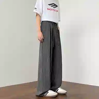 顶峰保罗 美式复古潮牌凉感舒适薄款直筒长裤竖条纹理感宽松小众百搭显瘦拖地阔腿休闲裤 男女同款