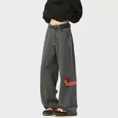 顶峰保罗 美式腊肠小狗刺绣直筒阔腿长裤百搭宽松重磅情侣潮牌凉感透气设计感显瘦显高休闲裤 男女同款