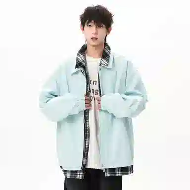 顶峰保罗 美式假两件格纹拼接翻领长袖外套无性别主义休闲复古潮牌宽松大码上衣简约百搭显高显瘦夹克 男女同款