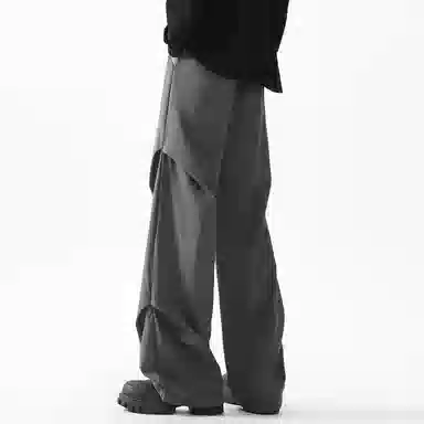 顶峰保罗 美式冰丝褶皱工装直筒无性别主义户外登山骑行运动健身阔腿伞兵解构设计长裤弹力抽绳显高百搭宽松大码高街潮牌休闲裤 男女同款