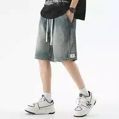 顶峰保罗 无性别主义潮牌宽松水洗做旧中裤美式高街直筒五分裤潮流时尚百搭运动系带高级感牛仔短裤 男女同款