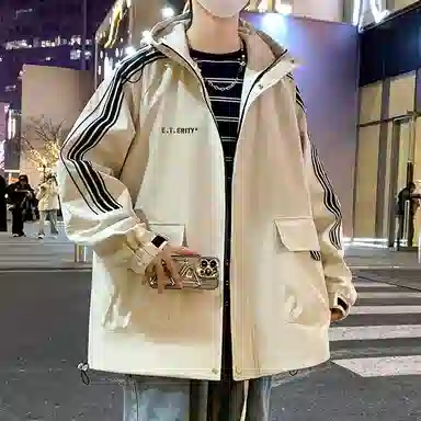 顶峰保罗 美式条纹拼接撞色拉链休闲工装长袖连帽上衣无性别主义直筒宽松加肥加大简约百搭潮牌高街夹克外套 男女同款