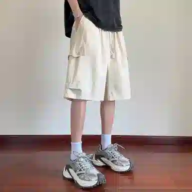 顶峰保罗 美式纯棉机能潮牌宽松百搭简约五分裤薄款透气无性别主义松紧腰直筒运动多口袋工装痞帅休闲短裤 男女同款