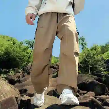 顶峰保罗 美式高街防风防水软壳机能风直筒裤无性别主义户外登山骑行山系伞兵工装褶皱运动阔腿长裤显高显瘦宽松百搭垂感休闲裤 男女同款