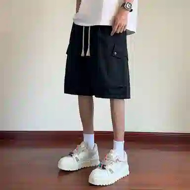 顶峰保罗 美式纯棉机能潮牌宽松百搭简约五分裤薄款透气无性别主义松紧腰直筒运动多口袋工装痞帅休闲短裤 男女同款